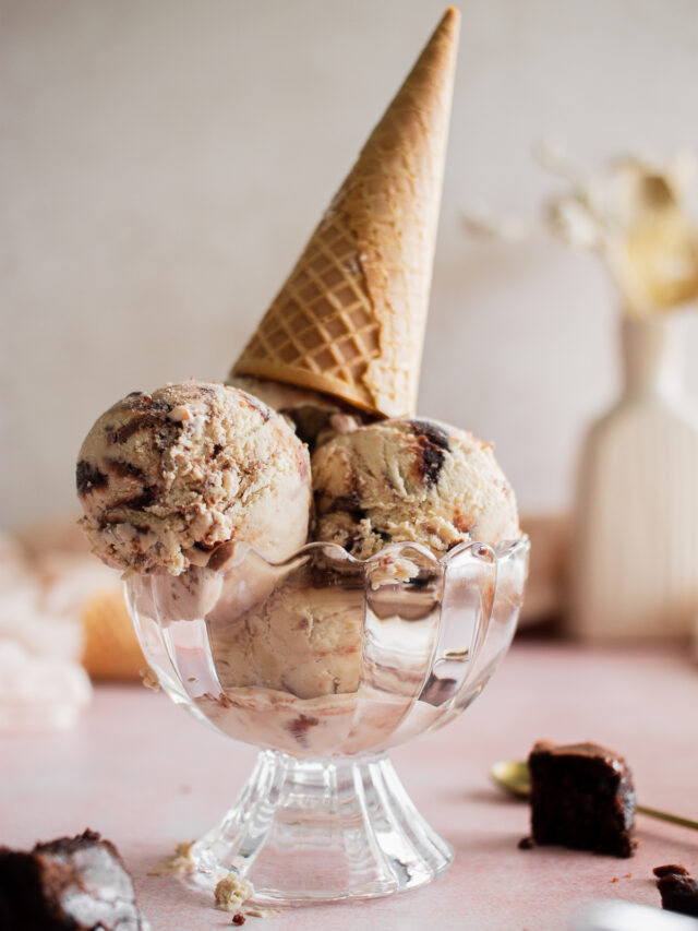 cropped brownie ice cream recipe in a bowl with cone blog edit